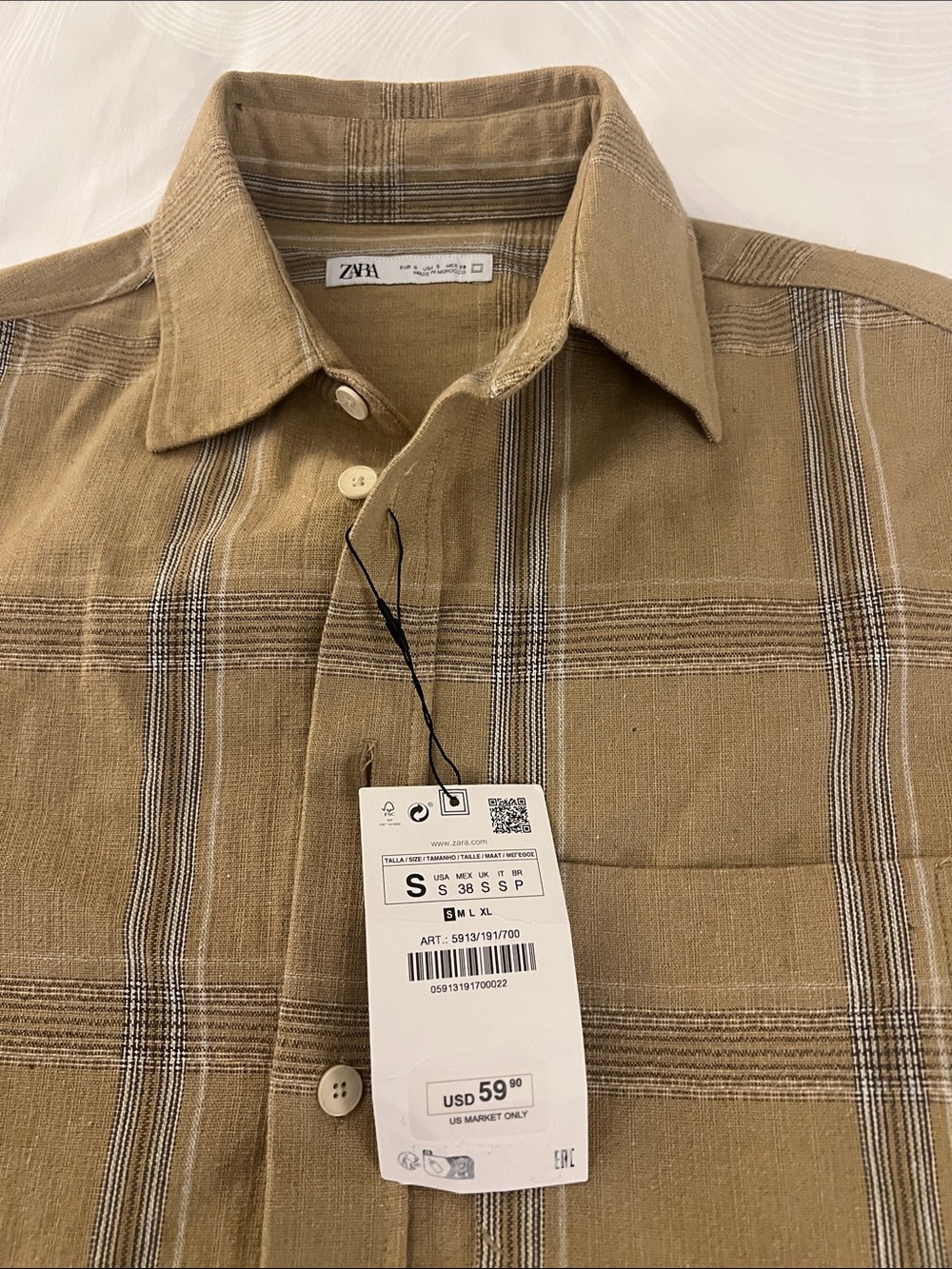 Zara Men's Tan Plaid Long-Sleeve Button-Down Shirt with Gray Stripe - Picture 5 of 7